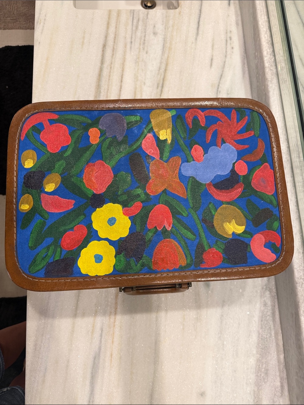 Colorful Floral Suitcase with Blue Canvas Panel